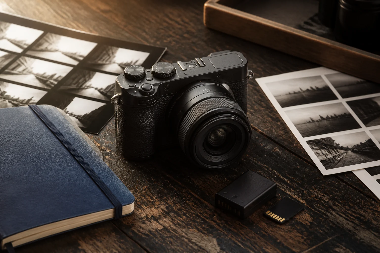 Beginner mirrorless camera, kit lens, memory card, and spare battery arranged for a first photography setup