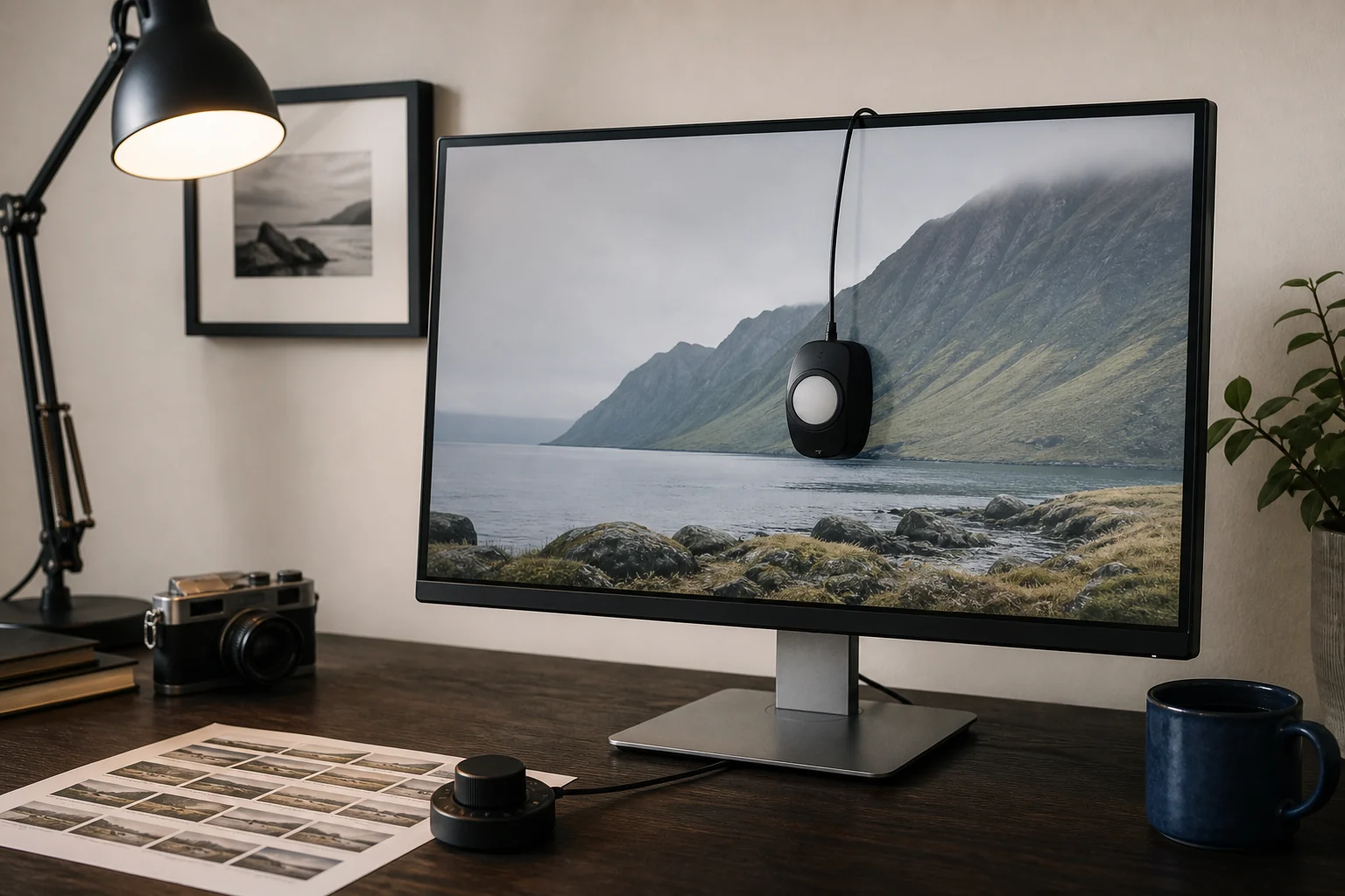 Photo-editing desk with a color-accurate monitor, calibration device, prints, and neutral lighting