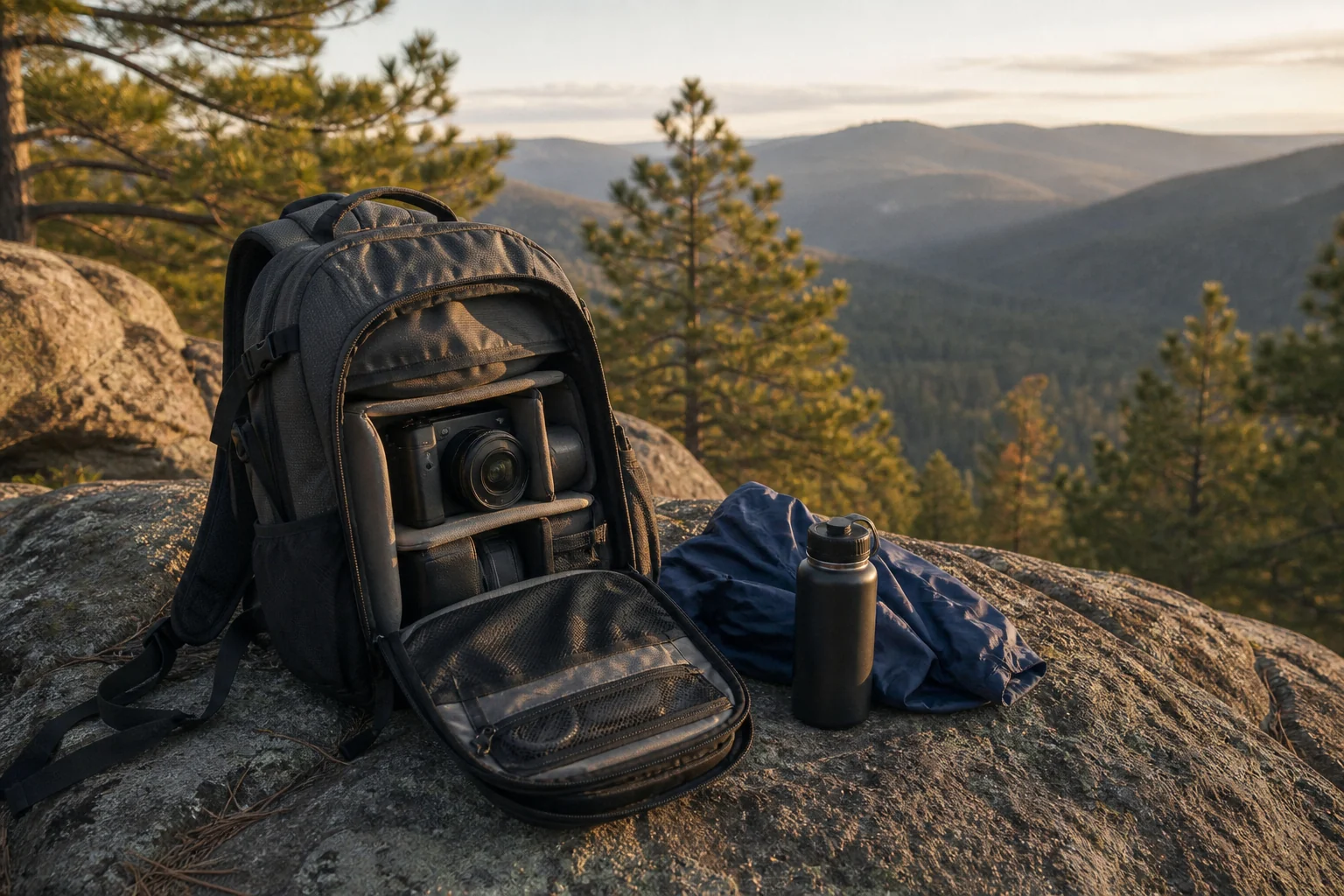 Camera backpack beside trail gear, water, and a compact mirrorless camera at a mountain overlook