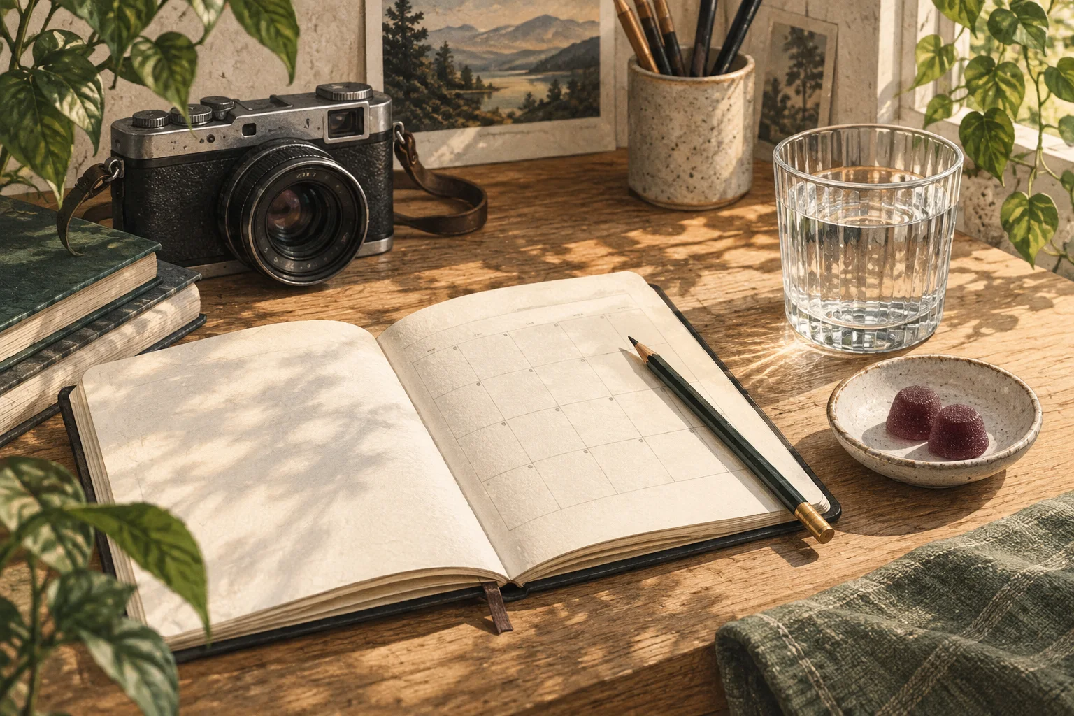 Illustration of a sunlit creative desk with a camera, notebook, water, and two berry-colored gummies