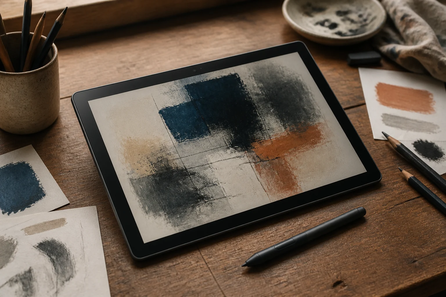 Portable drawing tablet and pressure-sensitive pen arranged in a calm illustration workspace